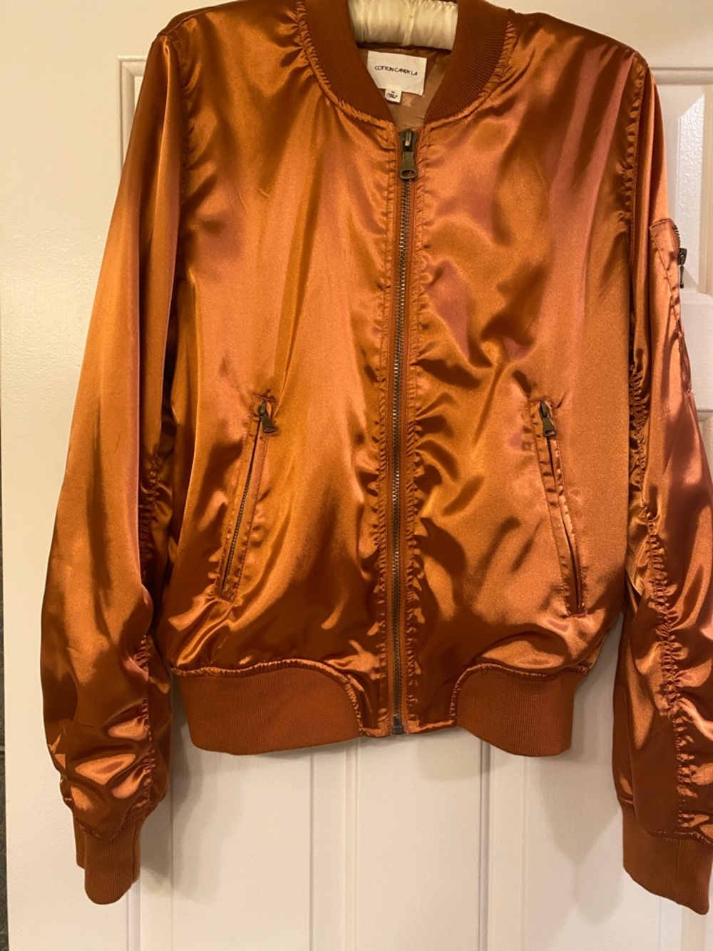 Cotton Candy Satin Bomber Jacket in Burnt Orange - Picture 7 of 7